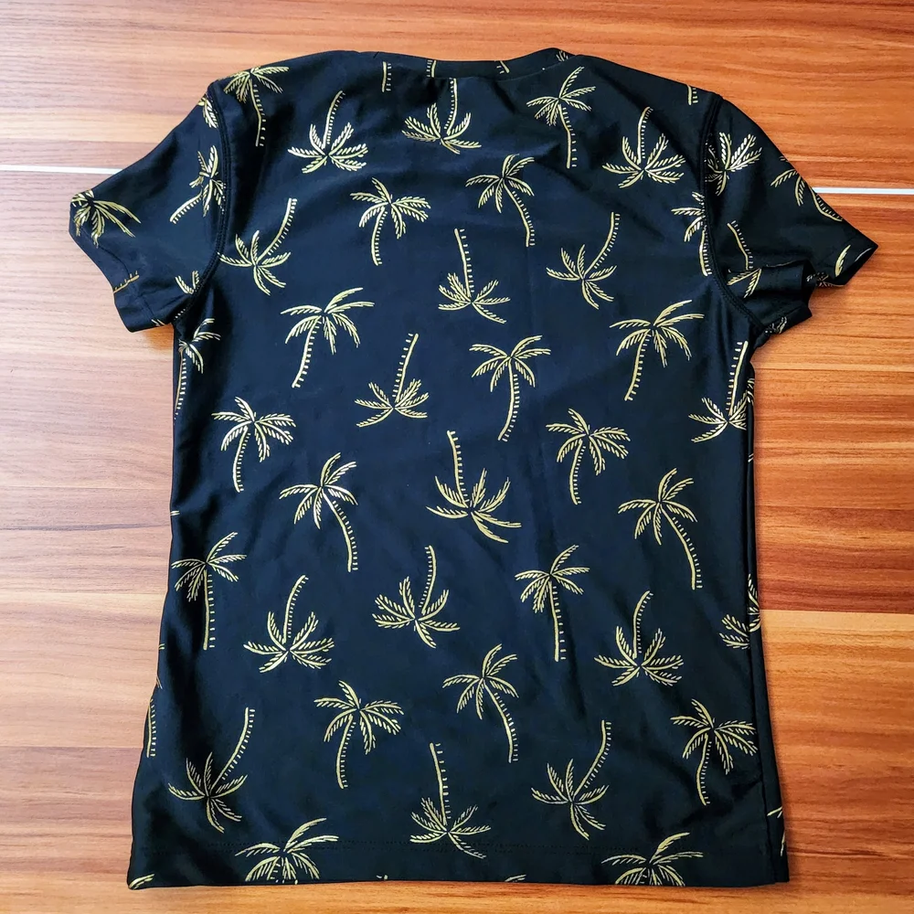 Old Navy Youth Large rashguard swim shirt. Black & Gold palm tree print